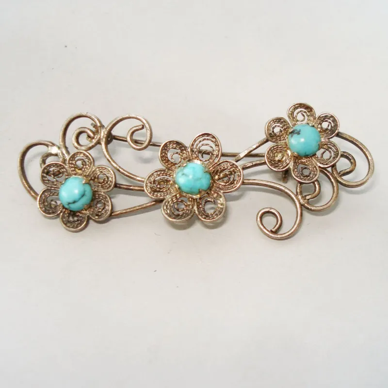 Pamono Vintage Sterling Silver & Turquoise Cabochons Brooch, 1960s> Brooches