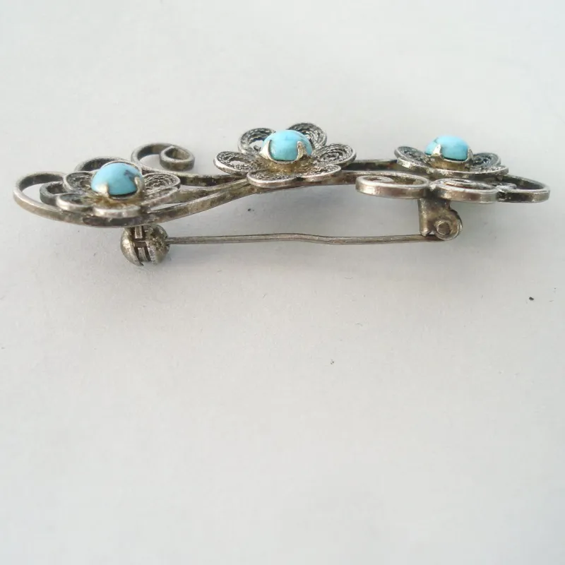 Pamono Vintage Sterling Silver & Turquoise Cabochons Brooch, 1960s> Brooches