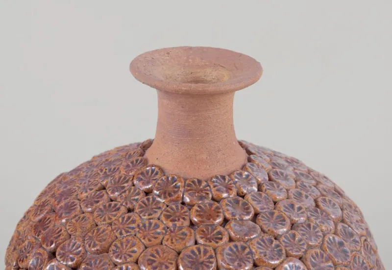 Clearance Pamono Vintage Swedish Clay Vase with Flower Buds in Relief from Rolf Fagerberg, 1970s