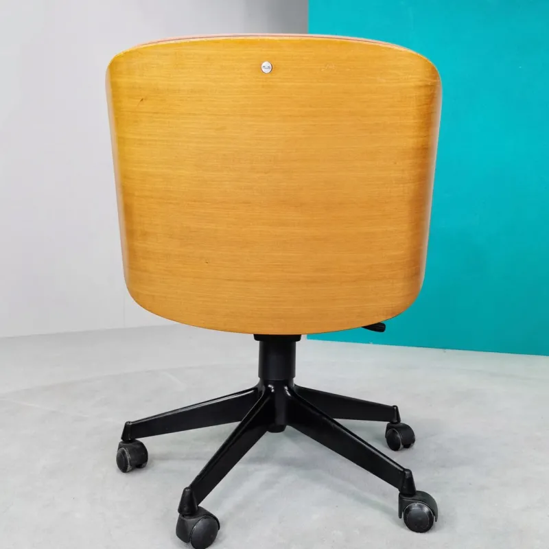Pamono Vintage Swivel Chair with Wheels in Leather and Teak from Mim Roma, 1970s> Office Chairs