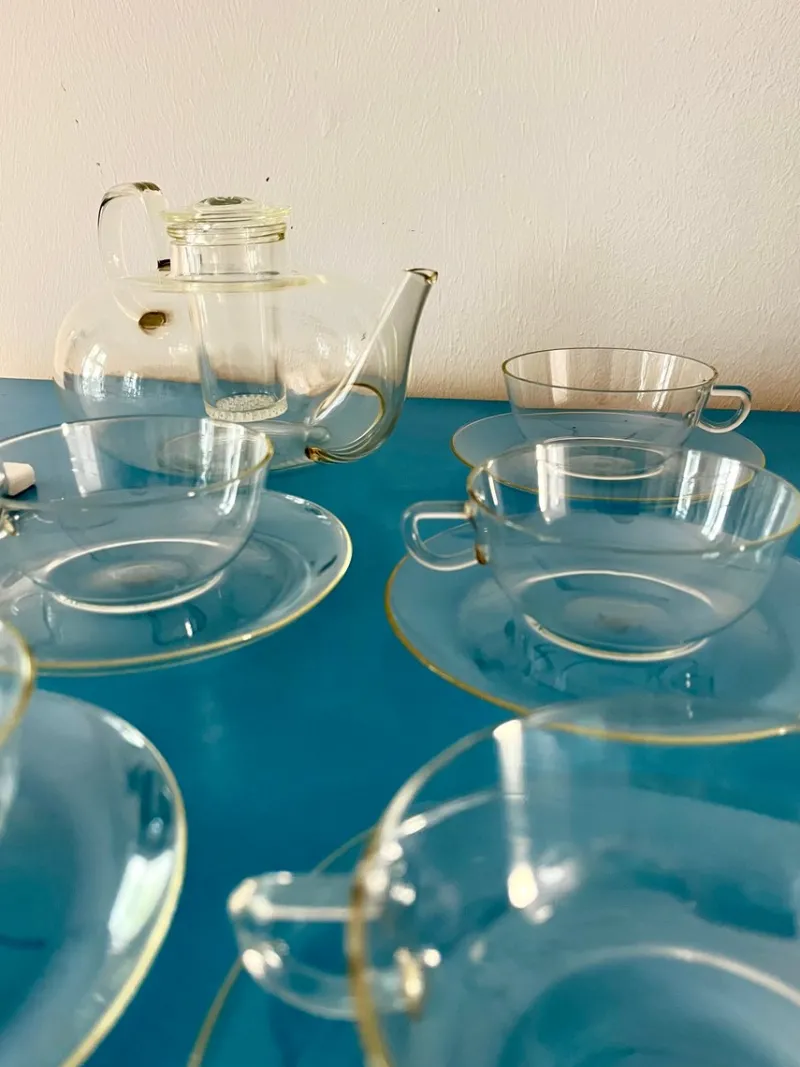 Online Pamono Vintage Tea Service in Borosilicate Glass by Wilhelm Wagenfeld for Jenaer, Germany, 1950s, Set of 14