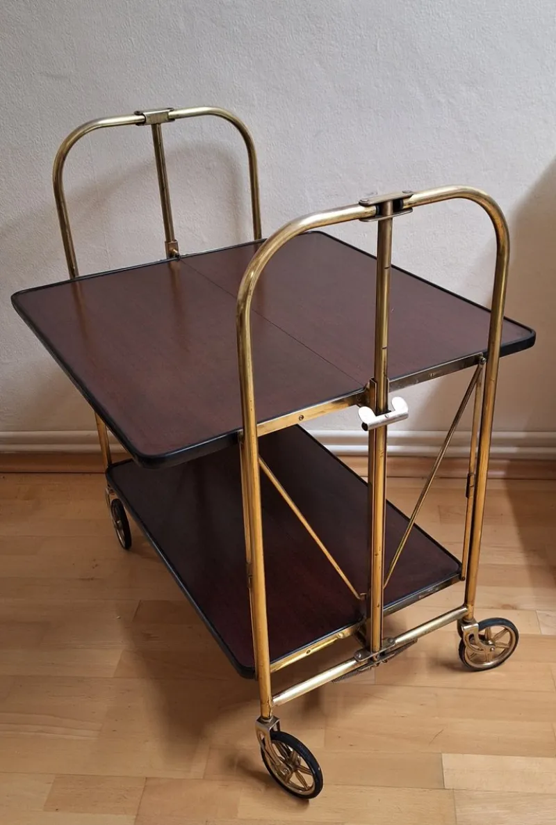 Pamono Vintage Tea Trolley with Metal Frame with Wheels and Formica Floors with Mahogany Veneer on the Back, 1970s> Serving Bar Carts & Trolleys