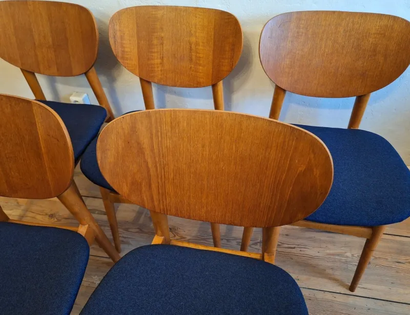 Pamono Vintage Teak Dining Chairs with Navy Blue Covers, 1960s, Set of 6> Side Chairs & Dining Chairs
