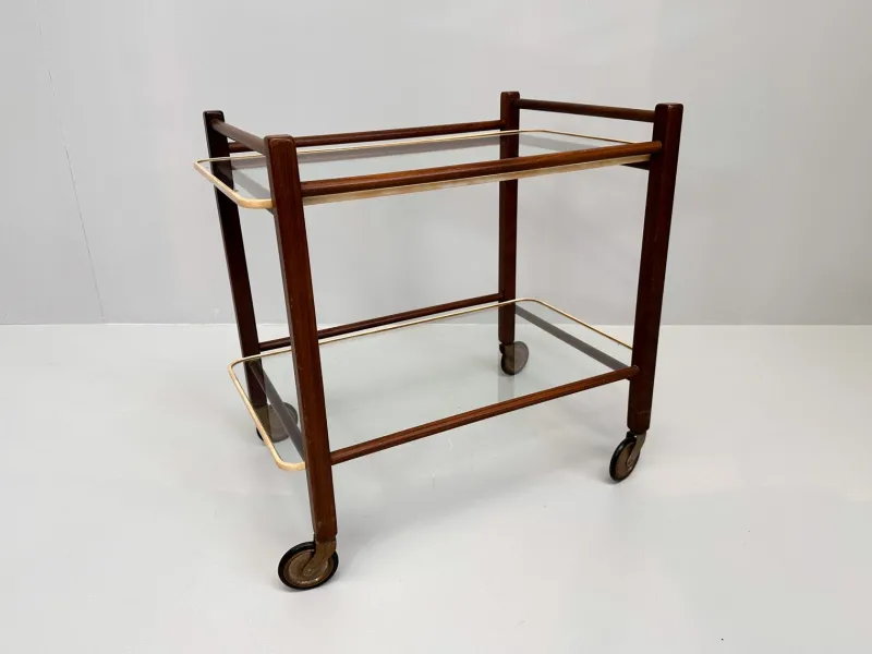 Pamono Vintage Teak Trolley with Glass Tops by Cees Braakman for Pastoe, 1950s> Serving Bar Carts & Trolleys