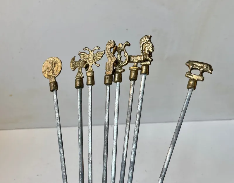 Outlet Pamono Vintage Turkish Shish Kebab Skewers with Brass Ornaments, 1970s, Set of 8