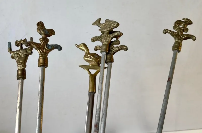 Hot Pamono Vintage Turkish Shish Kebab Skewers With Brass Animal Ornaments, Set of 12