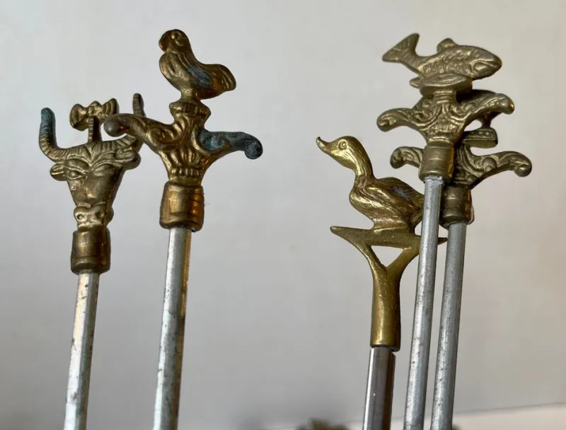 Hot Pamono Vintage Turkish Shish Kebab Skewers With Brass Animal Ornaments, Set of 12