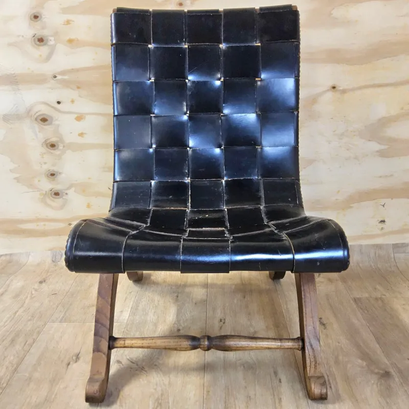 Pamono Vintage Valenti Slipper Chair in Woven Leather by Pierre Lottier for Valenti Luce, Spain, 1950s> Lounge Chairs & Armchairs