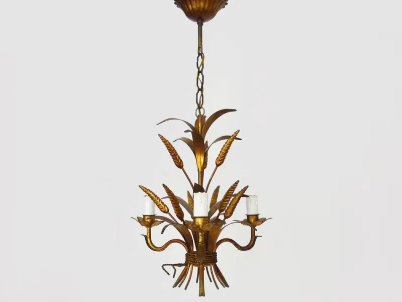 Pamono Vintage Wheat Ear Chandelier in Gilt Metal from Masca, 1970s> Ceiling Lights