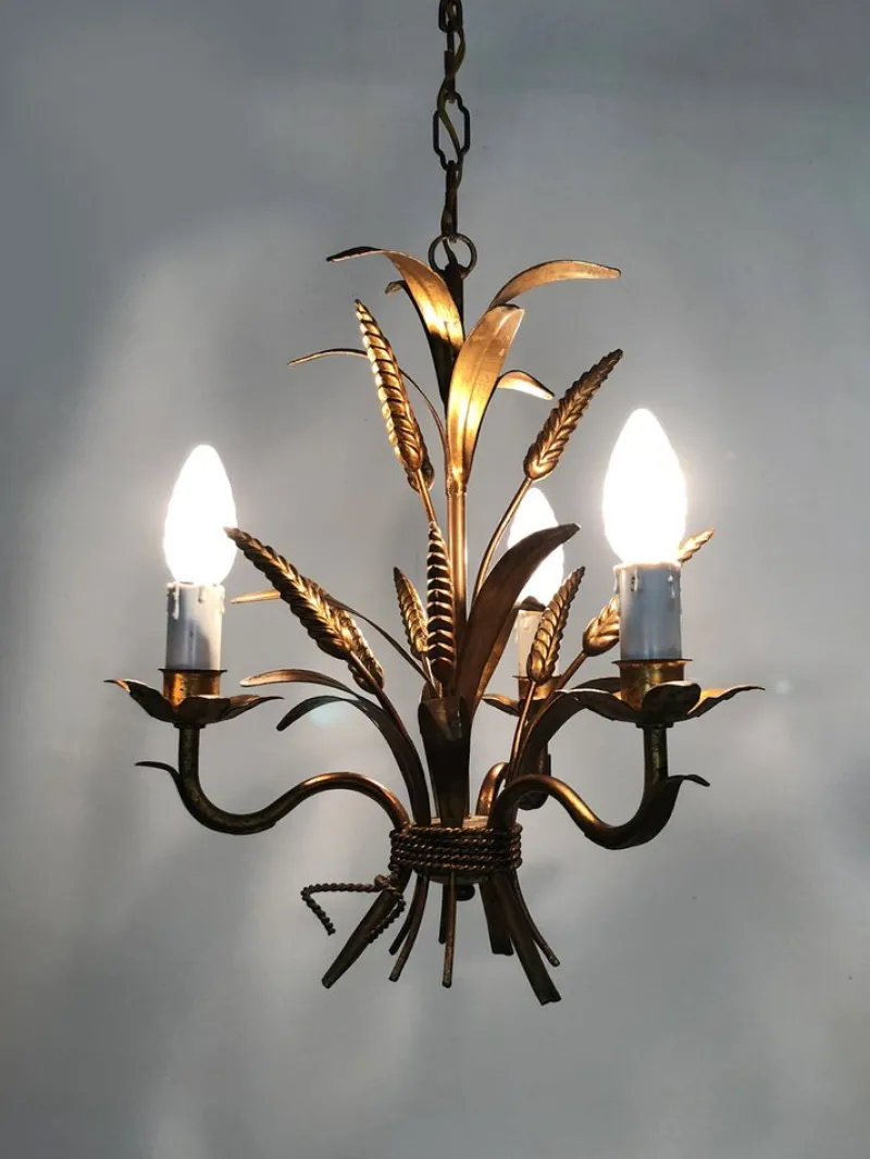 Pamono Vintage Wheat Ear Chandelier in Gilt Metal from Masca, 1970s> Ceiling Lights