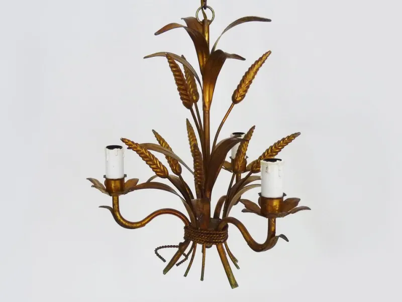 Pamono Vintage Wheat Ear Chandelier in Gilt Metal from Masca, 1970s> Ceiling Lights