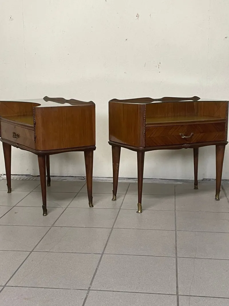 Pamono Vintage Wood and Glass Bedside Tables, 1950s, Set of 2> Nightstands