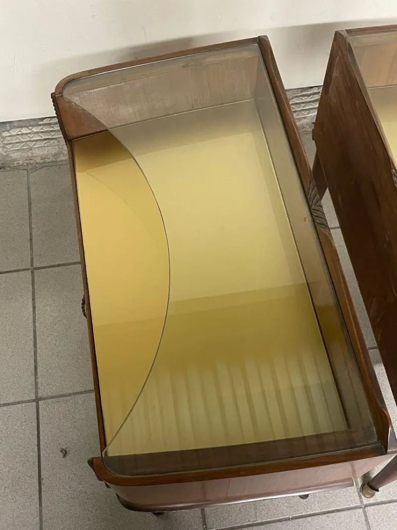 Pamono Vintage Wood and Glass Bedside Tables, 1950s, Set of 2> Nightstands