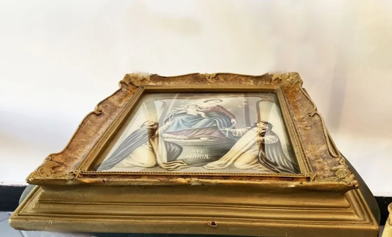Pamono Vintage Wood Frame With Religious Painting, 1940> Mid-Century