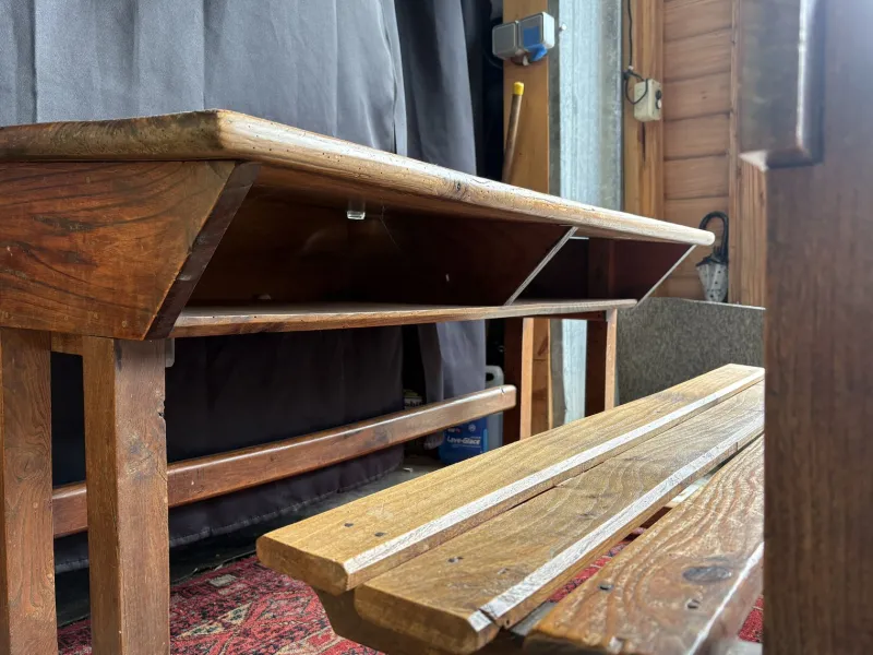 Pamono Vintage Wooden School Desk with Built-in Bench, 1950s> Desks