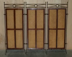 Pamono Vintage Wrought Iron, Bergere & Hardwood Triple Panel Room Divider><noscript><img width=