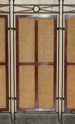 Pamono Vintage Wrought Iron, Bergere & Hardwood Triple Panel Room Divider><noscript><img width=