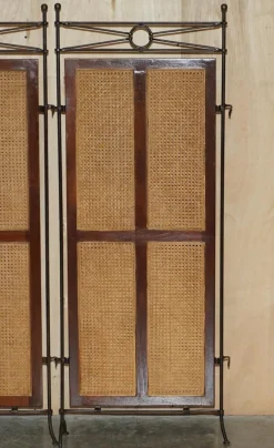 Pamono Vintage Wrought Iron, Bergere & Hardwood Triple Panel Room Divider><noscript><img width=