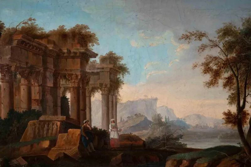 Discount Pamono Vinzenz Fischer, Ancient Ruins, Original Oil Painting, Late 18th Century