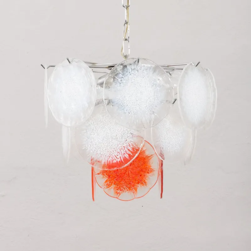 Pamono Vistosi Murano 18 Glass Disc Chandelier Fiocchi Di Neve, Italy, 1970s> Ceiling Lights