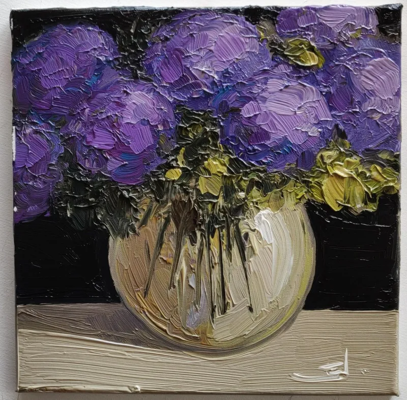 Pamono Vivek Mandalia, Purple Flowers, Oil on Canvas> Impressionist