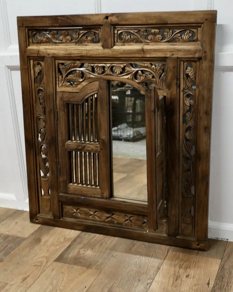 Discount Pamono Wall Mirror Concealed by Heavy Carved Teak Door Shutters, 1890s