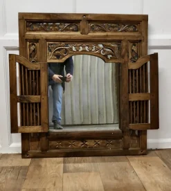 Discount Pamono Wall Mirror Concealed by Heavy Carved Teak Door Shutters, 1890s
