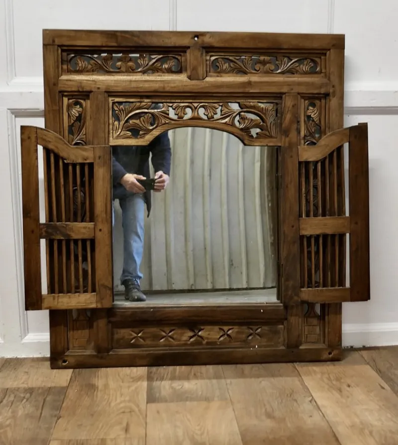 Discount Pamono Wall Mirror Concealed by Heavy Carved Teak Door Shutters, 1890s