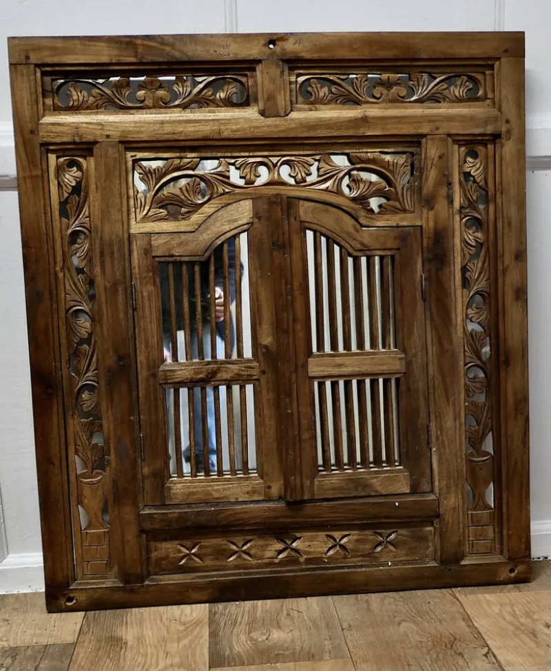 Discount Pamono Wall Mirror Concealed by Heavy Carved Teak Door Shutters, 1890s
