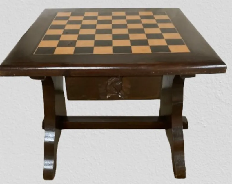 Pamono Walnut Chess Table with Hand-Carved Figures, Spain, 1960s, Set of 3> Game Tables