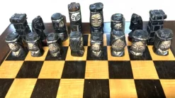 Pamono Walnut Chess Table with Hand-Carved Figures, Spain, 1960s, Set of 3><noscript><img width=