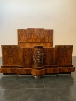 Pamono Walnut Furniture with Carvings in the style of Ducrot, 1920s, Set of 8><noscript><img width=