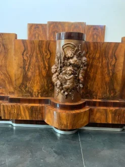 Pamono Walnut Furniture with Carvings in the style of Ducrot, 1920s, Set of 8><noscript><img width=