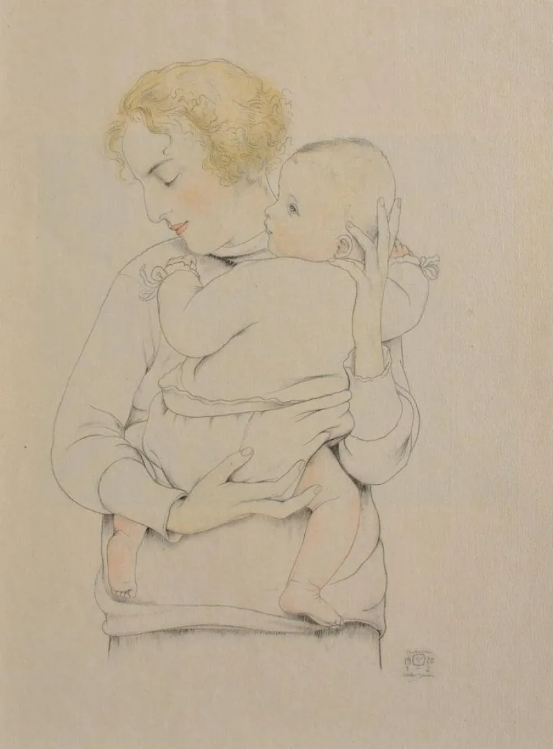 Outlet Pamono Walter Sauer, Mother and Child, Signed Engraving