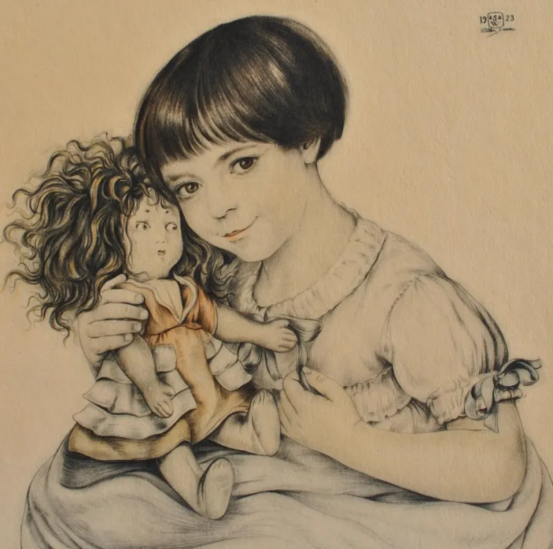 Clearance Pamono Walter Sauer, Portrait of a Child and Her Doll, Signed Engraving