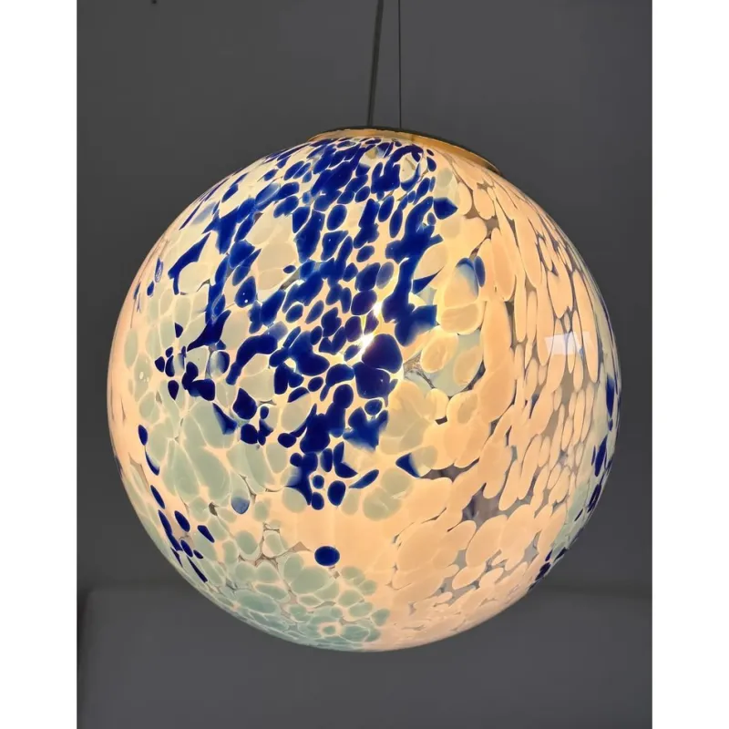 Pamono White and Blue Spots Sphere Pendant Light in Murano Glass by Simoeng> Ceiling Lights