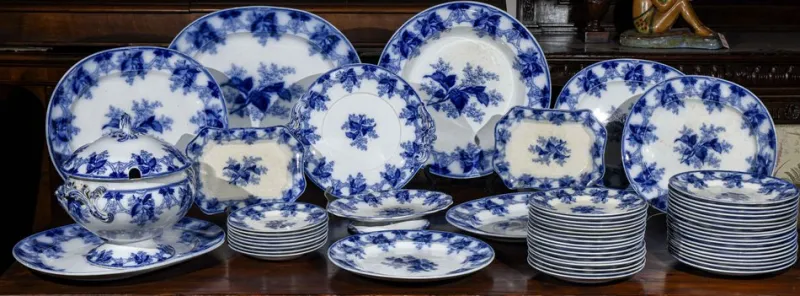 Pamono White and Blue Table Service, Set of 40> Dinner Plates & Bowls
