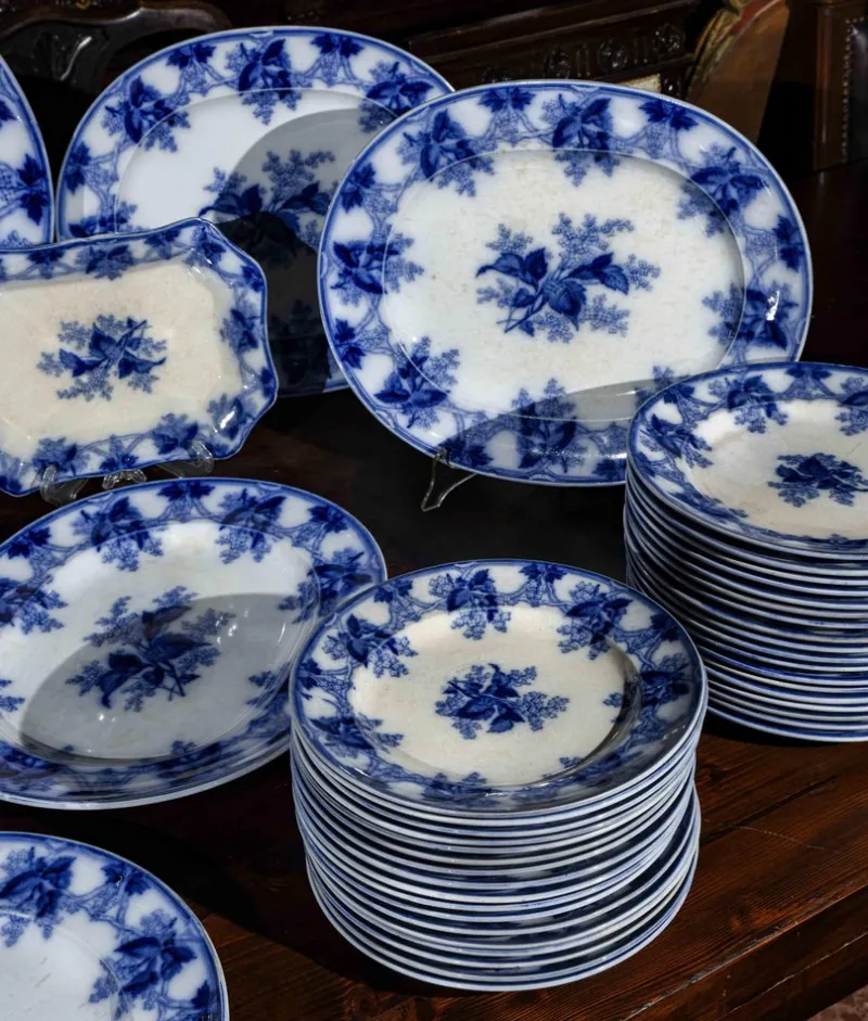 Pamono White and Blue Table Service, Set of 40> Dinner Plates & Bowls