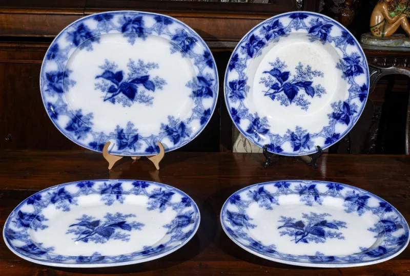 Pamono White and Blue Table Service, Set of 40> Dinner Plates & Bowls