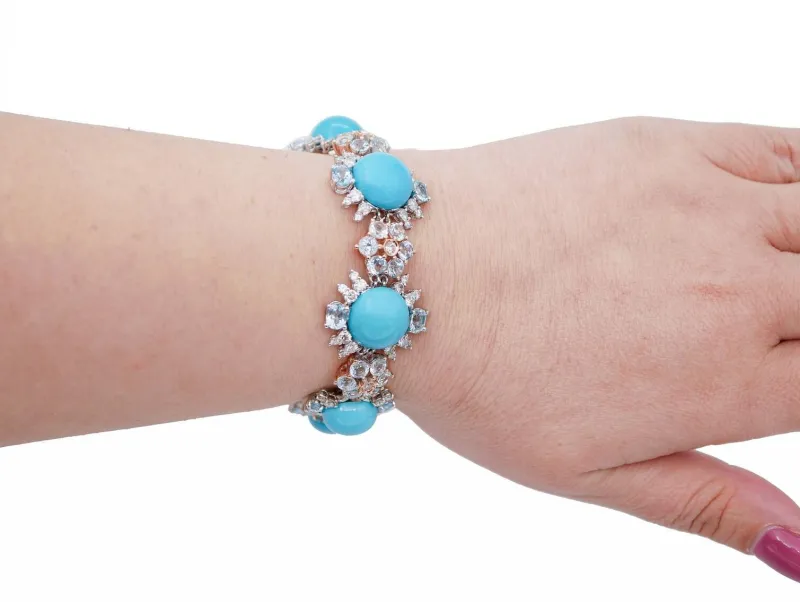 Best Pamono White and Rose Gold Bracelet with Turquoise, Topaz & Diamonds