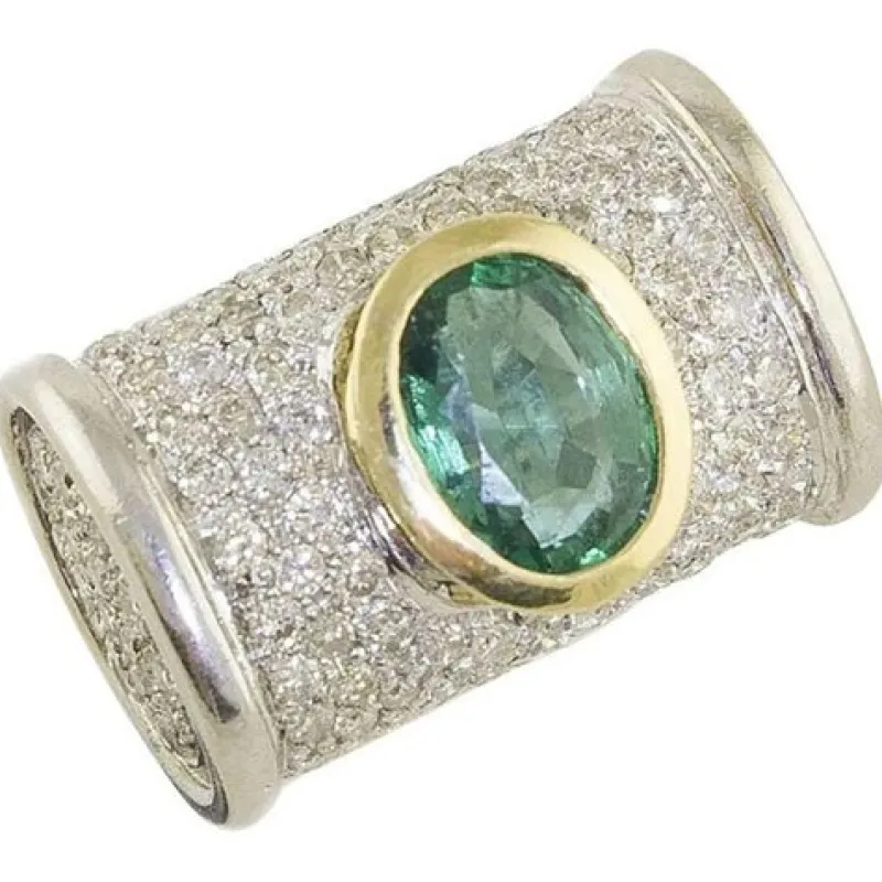 Pamono White and Yellow 18 Karat Gold Cocktail Ring with Emerald and Diamonds> Rings