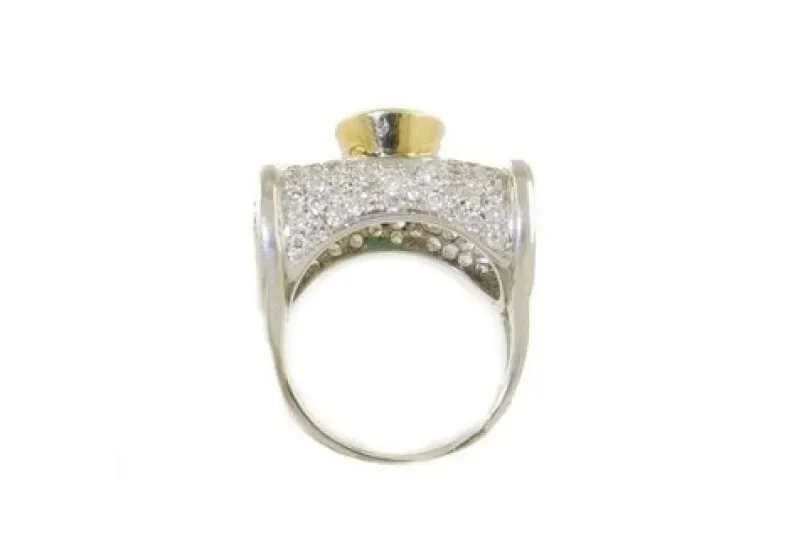 Pamono White and Yellow 18 Karat Gold Cocktail Ring with Emerald and Diamonds> Rings