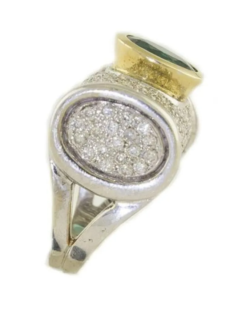 Pamono White and Yellow 18 Karat Gold Cocktail Ring with Emerald and Diamonds> Rings