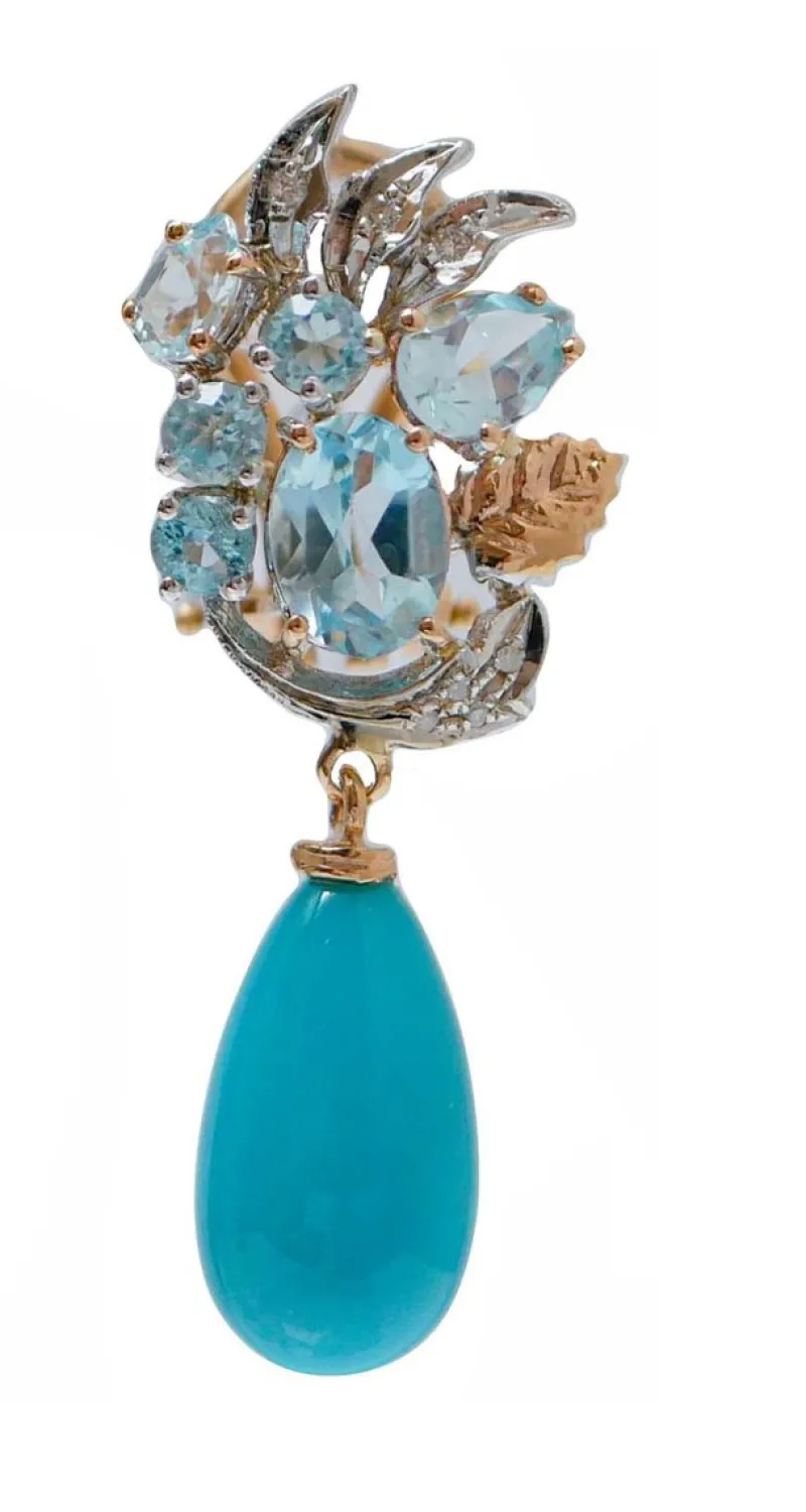 Pamono White Gold and Rose Gold Earrings with Turquoise, Topazs and Diamonds, Set of 2> Earrings