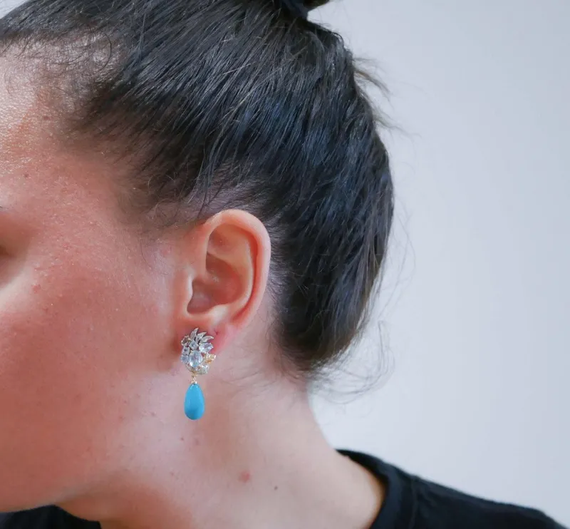 Pamono White Gold and Rose Gold Earrings with Turquoise, Topazs and Diamonds, Set of 2> Earrings