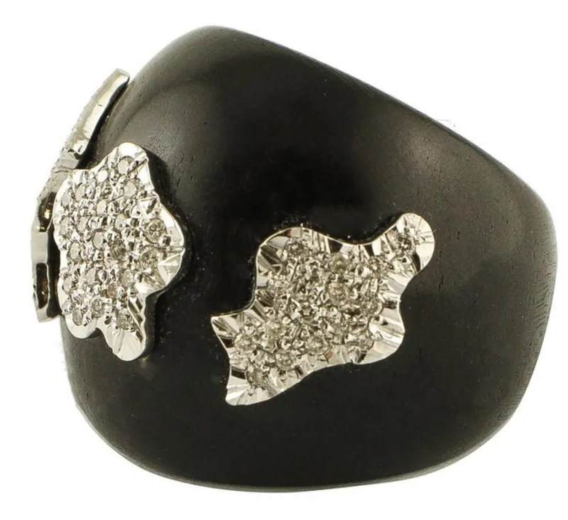 Online Pamono White Gold Band Fashion Ring with Ebony and Diamonds