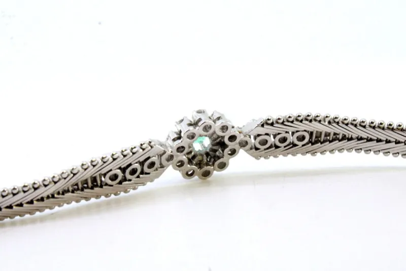 Best Pamono White Gold Bracelet with Herringbone-Shaped Links, Central Rosette with Emerald and Brilliant-Cut Diamonds