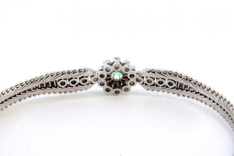 Best Pamono White Gold Bracelet with Herringbone-Shaped Links, Central Rosette with Emerald and Brilliant-Cut Diamonds