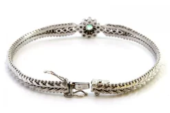 Best Pamono White Gold Bracelet with Herringbone-Shaped Links, Central Rosette with Emerald and Brilliant-Cut Diamonds