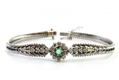 Best Pamono White Gold Bracelet with Herringbone-Shaped Links, Central Rosette with Emerald and Brilliant-Cut Diamonds